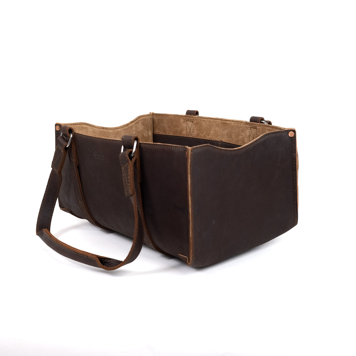 Range and Tool Tote in Dark Coffee Brown, open-top angled view with handles lowered