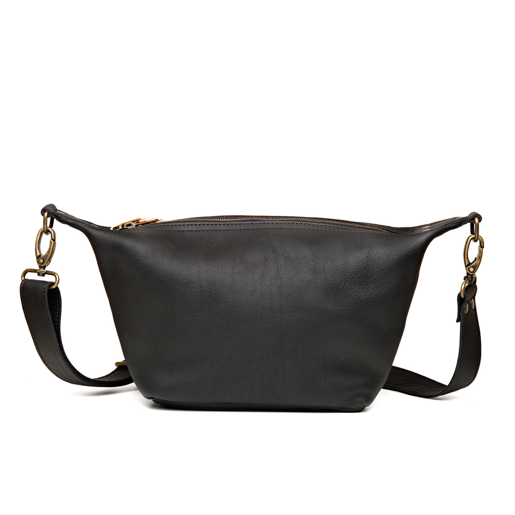 London Sling Small in Black, back view with smooth panel and adjustable strap