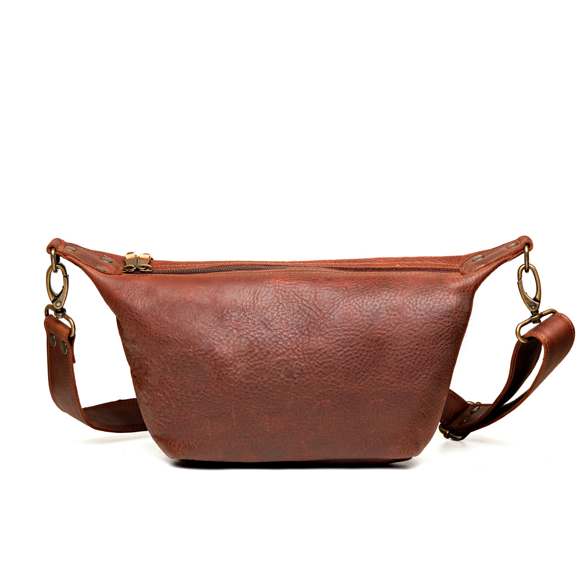 London Sling Small in Chestnut, back view with smooth panel and adjustable strap