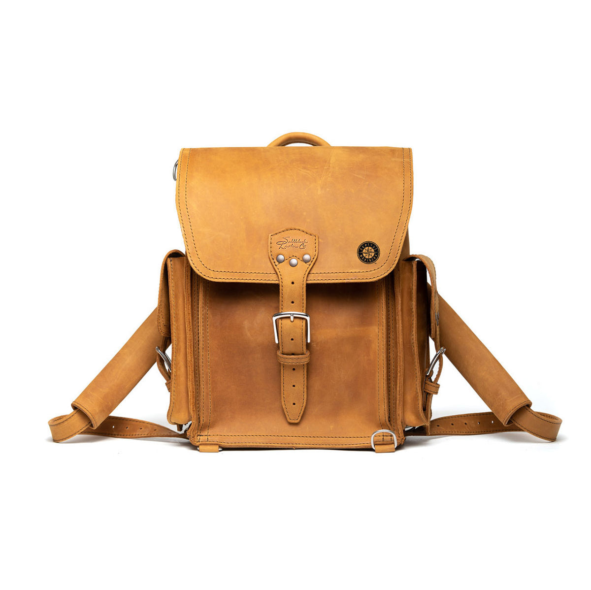 Tank Backpack - Seattle Mariners in Tobacco, front view with embossed Mariners logo and buckled flap