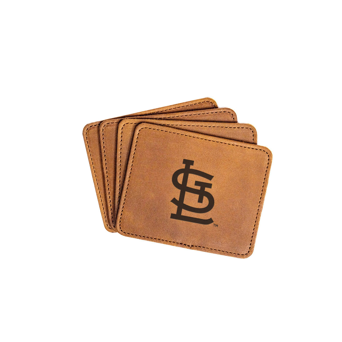St. Louis Cardinals Leather Coaster Set in Tobacco, four fanned coasters with embossed STL logo