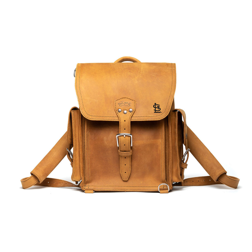 Tank Backpack - St. Louis Cardinals in Tobacco, front view with embossed Cardinals logo and buckled flap