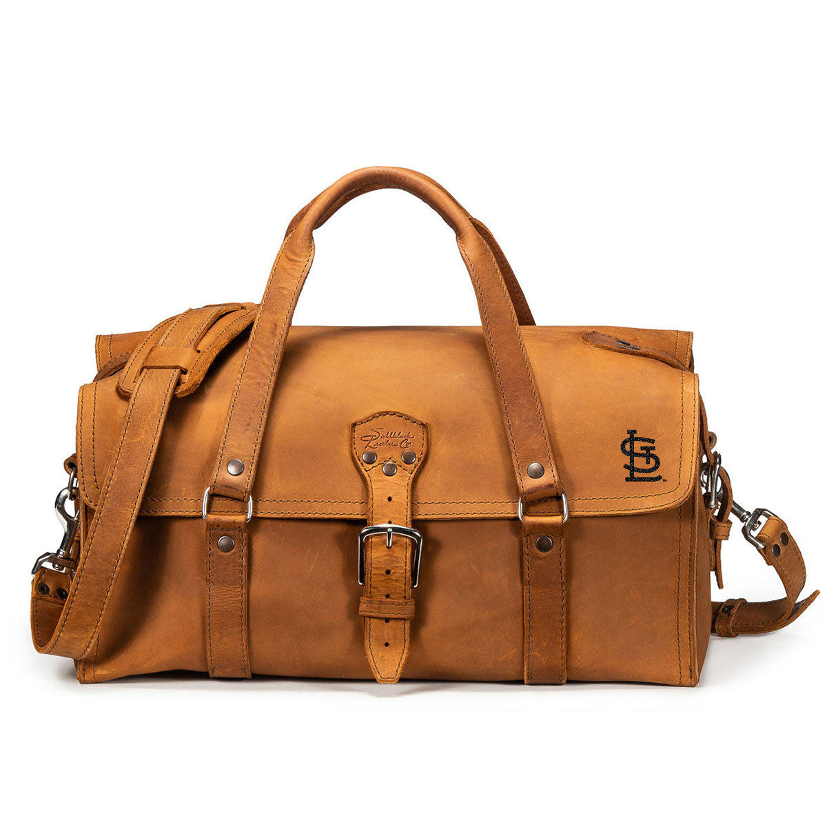 20" Baby Beast Duffle Bag in Tobacco with St. Louis Cardinals logo, front view with shoulder strap