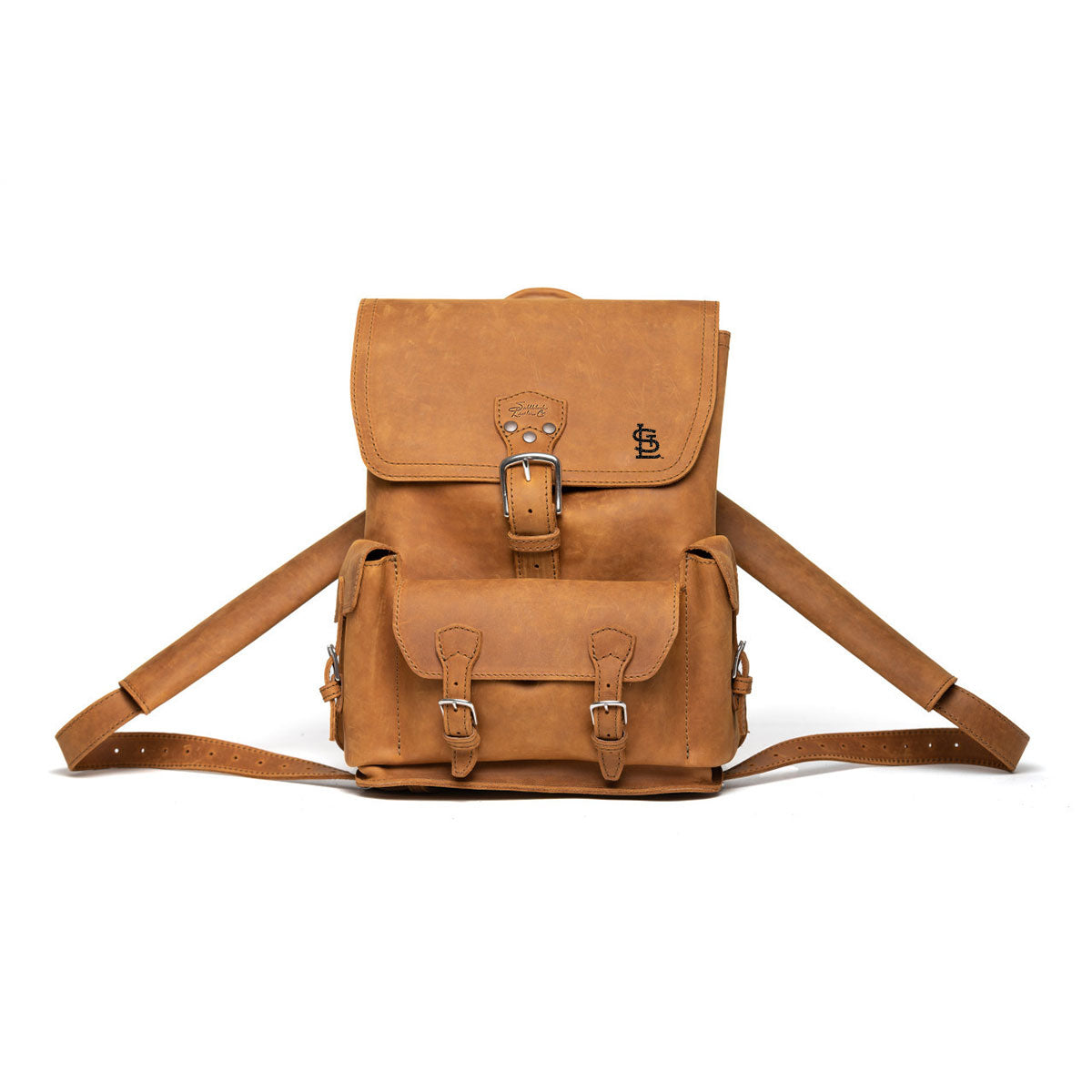 Front Pocket Leather Backpack - St. Louis Cardinals in Tobacco, front view with embossed Cardinals logo