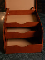 Churchill Case in English Tan with lid and doors open, showing three stacked leather trays inside