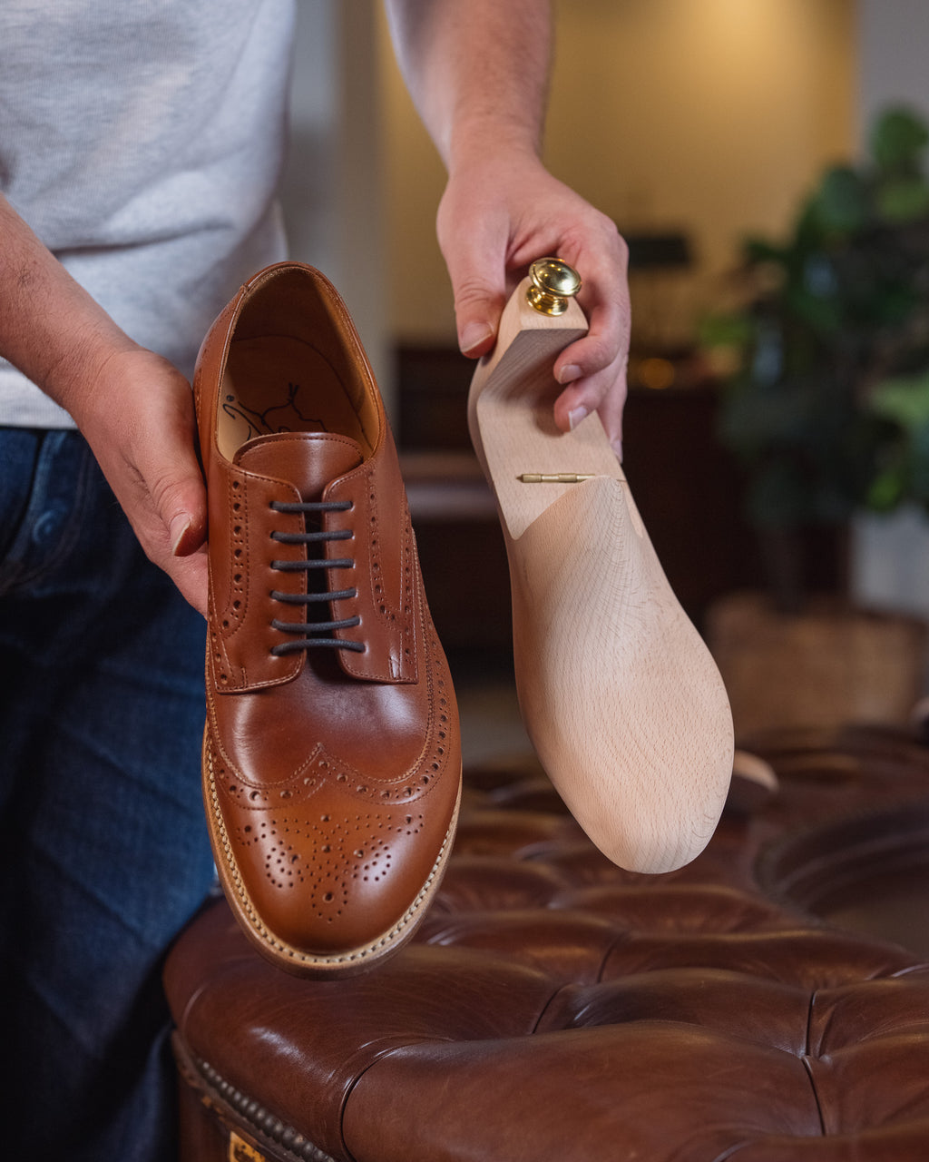 Shoe Tree held up next to a tan leather wingtip shoe