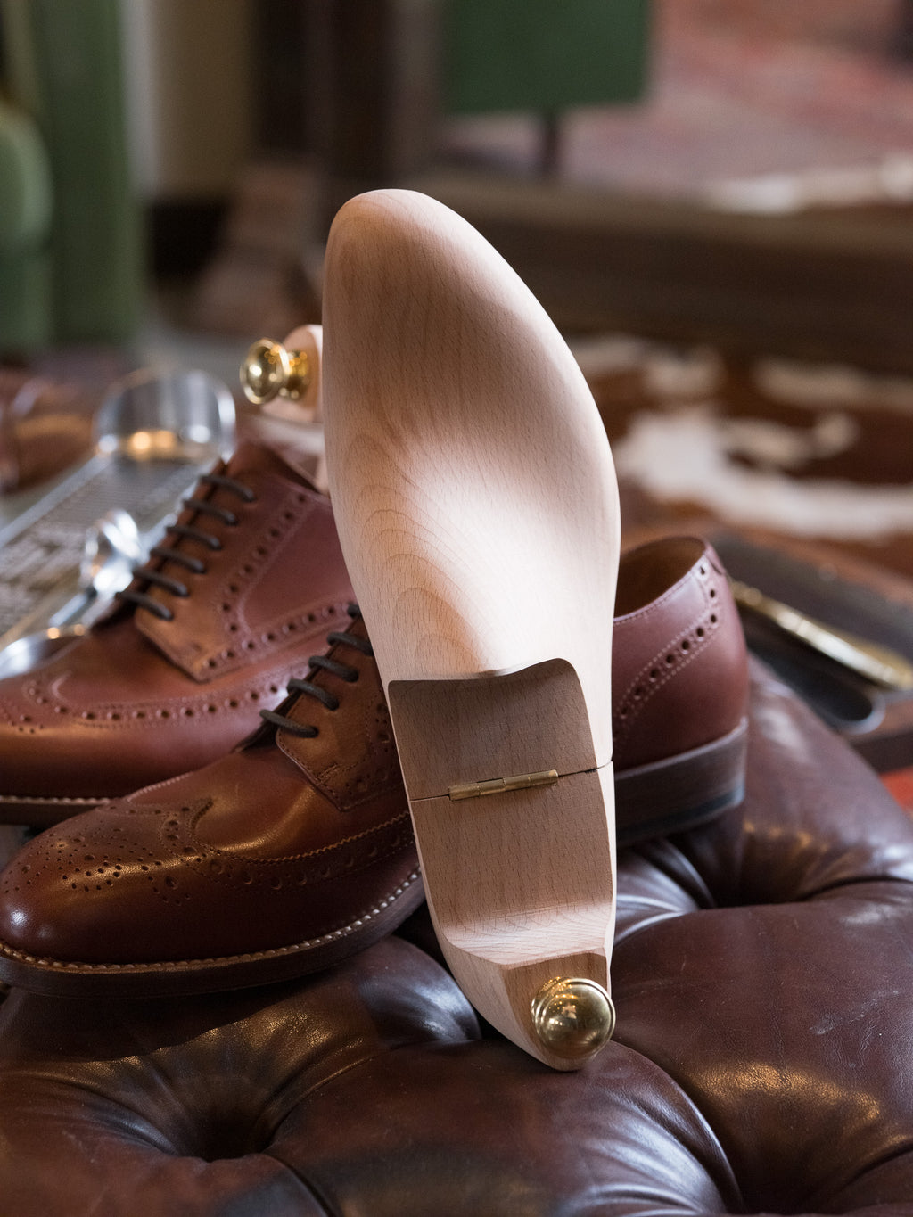 Shoe Tree standing upright on its heel in front of brown wingtip shoes