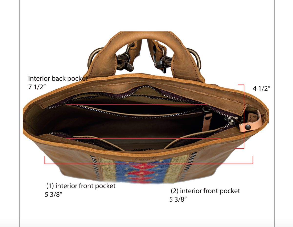 Lanita Leather Backpack interior diagram with back pocket and two front pocket measurements