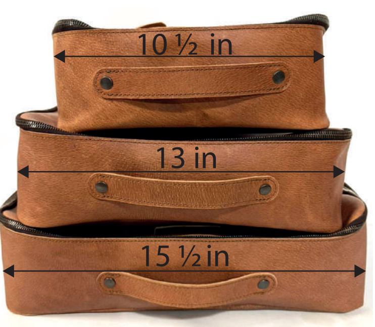 Pigskin Leather Packing Cube Set size chart showing 10.5, 13 and 15.5 inch widths on stacked cubes