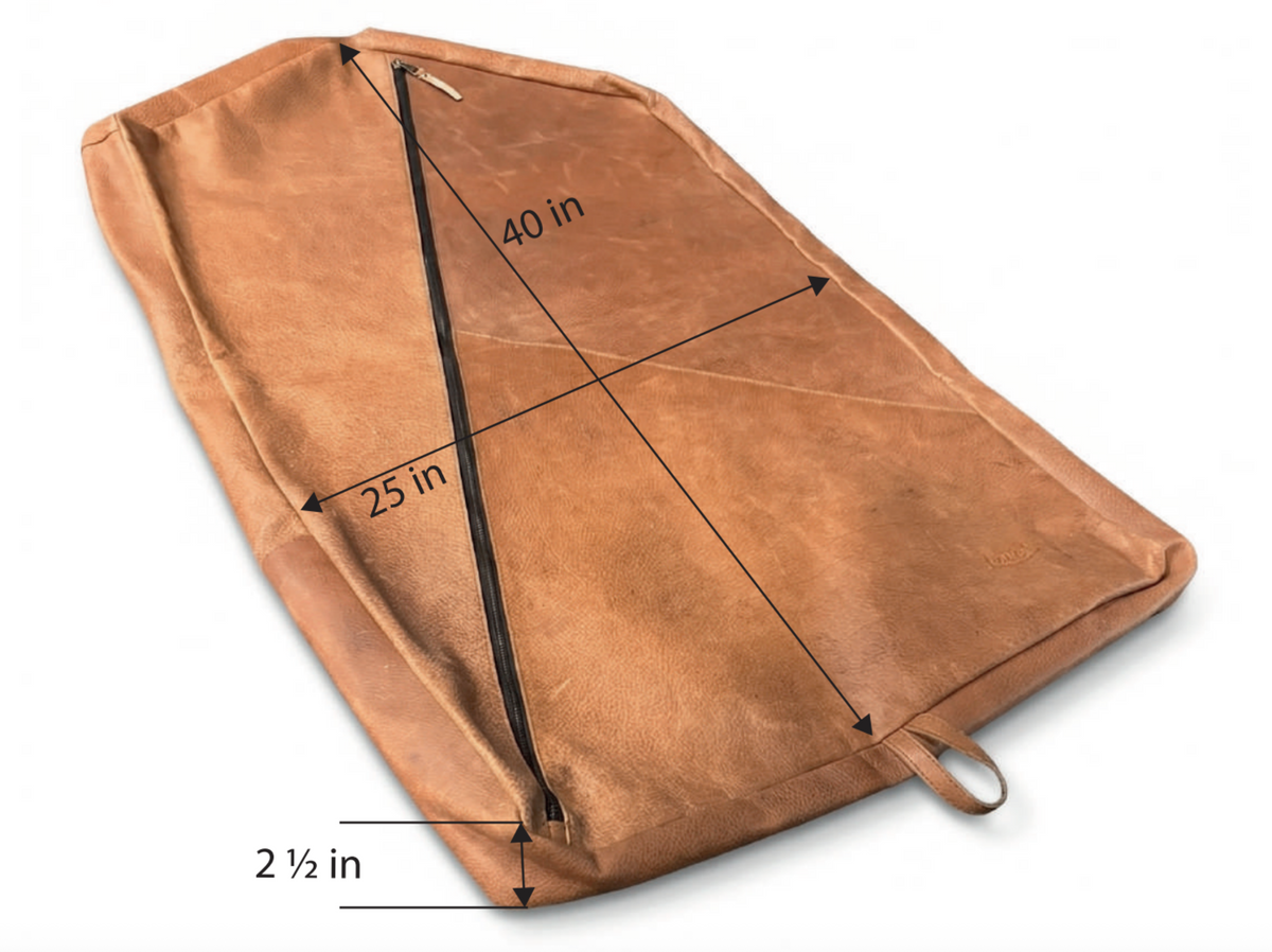 Garment Bag in Tobacco with dimensions marked: 40 in long, 25 in wide, 2.5 in deep