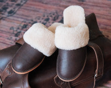 Women's Sheepskin Slippers in Dark Coffee Brown, front view of pair with sheepskin cuffs