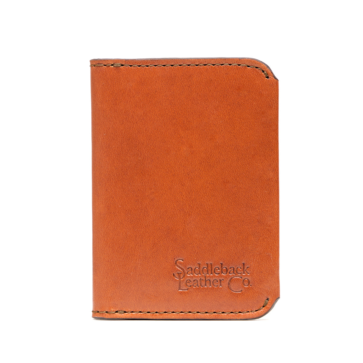 Slim Bifold Wallet in English Tan, closed front view with embossed logo