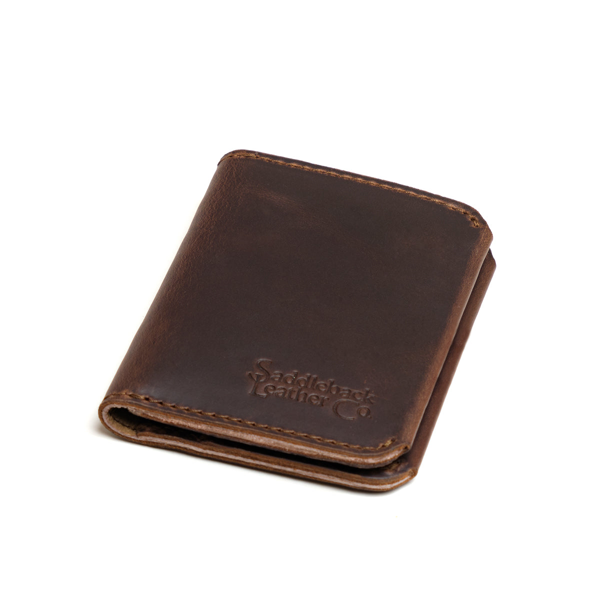 New Slim Leather Bifold Wallet in Dark Coffee Brown, closed and angled to show the embossed logo and thin profile