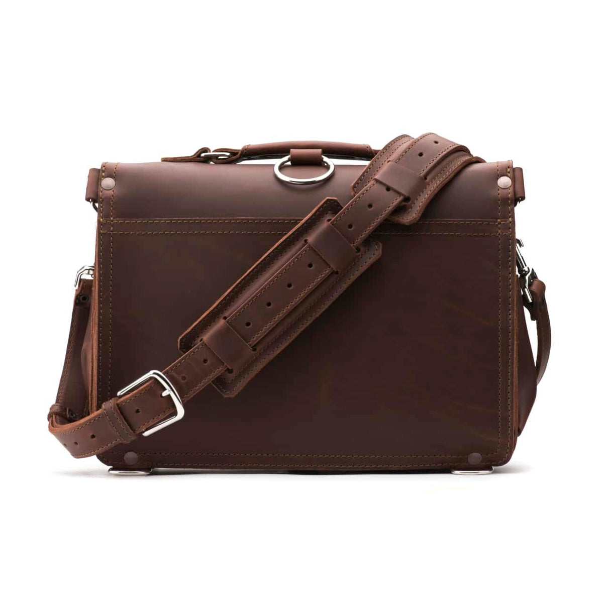 Slim Leather Briefcase in Chestnut, back view with shoulder strap