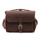 Slim Leather Briefcase in Chestnut, front view with buckle closure