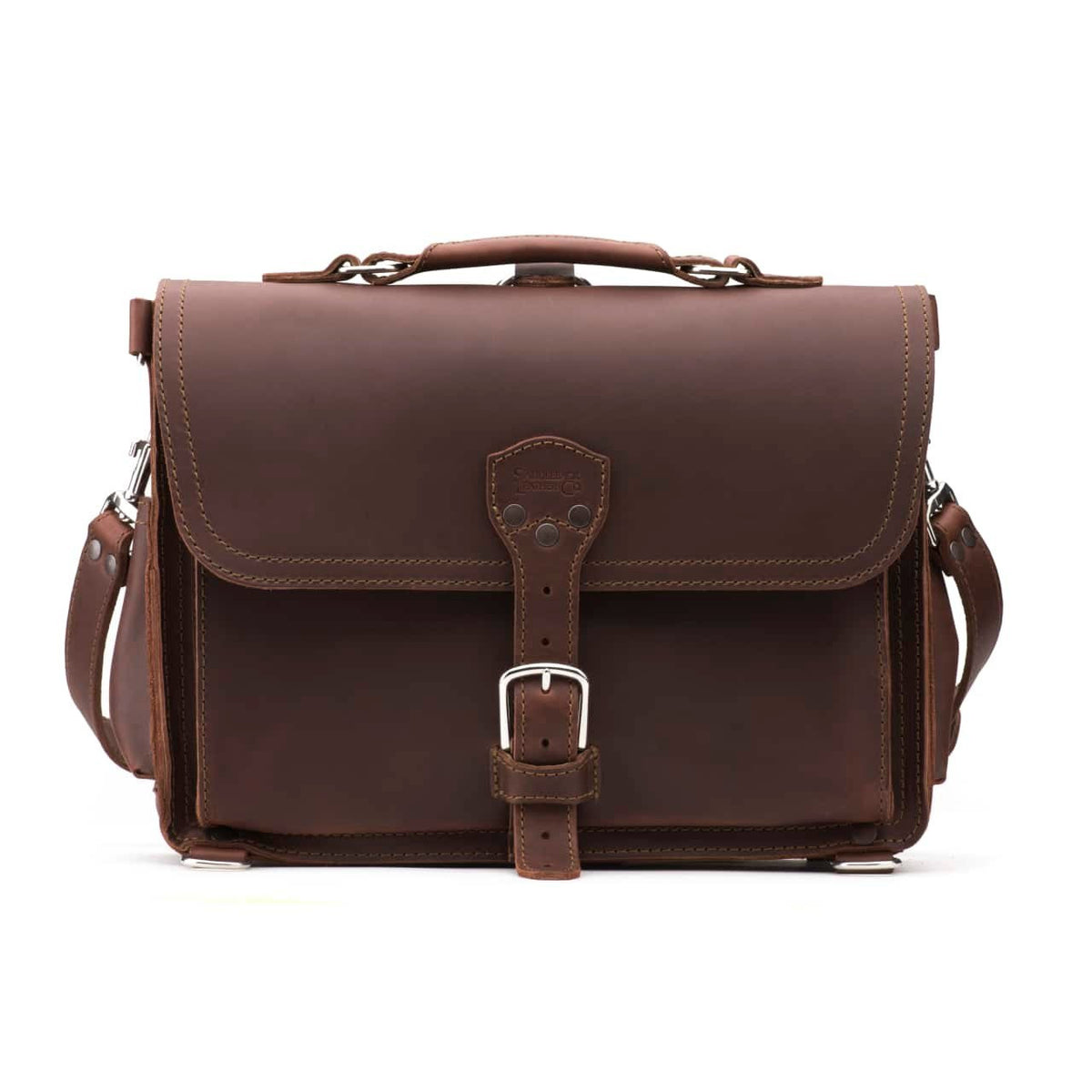 Slim Leather Briefcase in Chestnut, front view with buckle closure