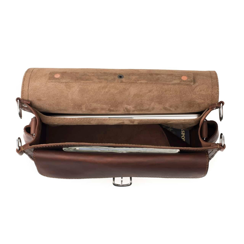 Slim Leather Briefcase in Chestnut, open view showing laptop and documents inside