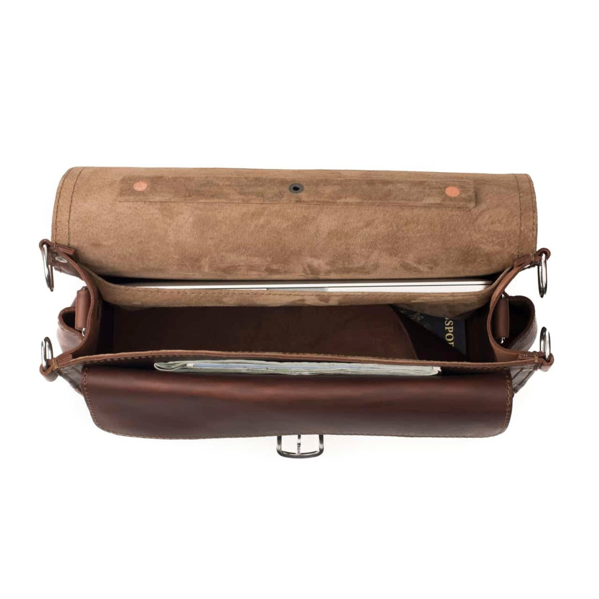 Slim Leather Briefcase in Chestnut, open view showing laptop and documents inside