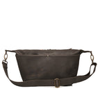 London Sling Large in Black, front view with snap pocket and buckled adjustable strap