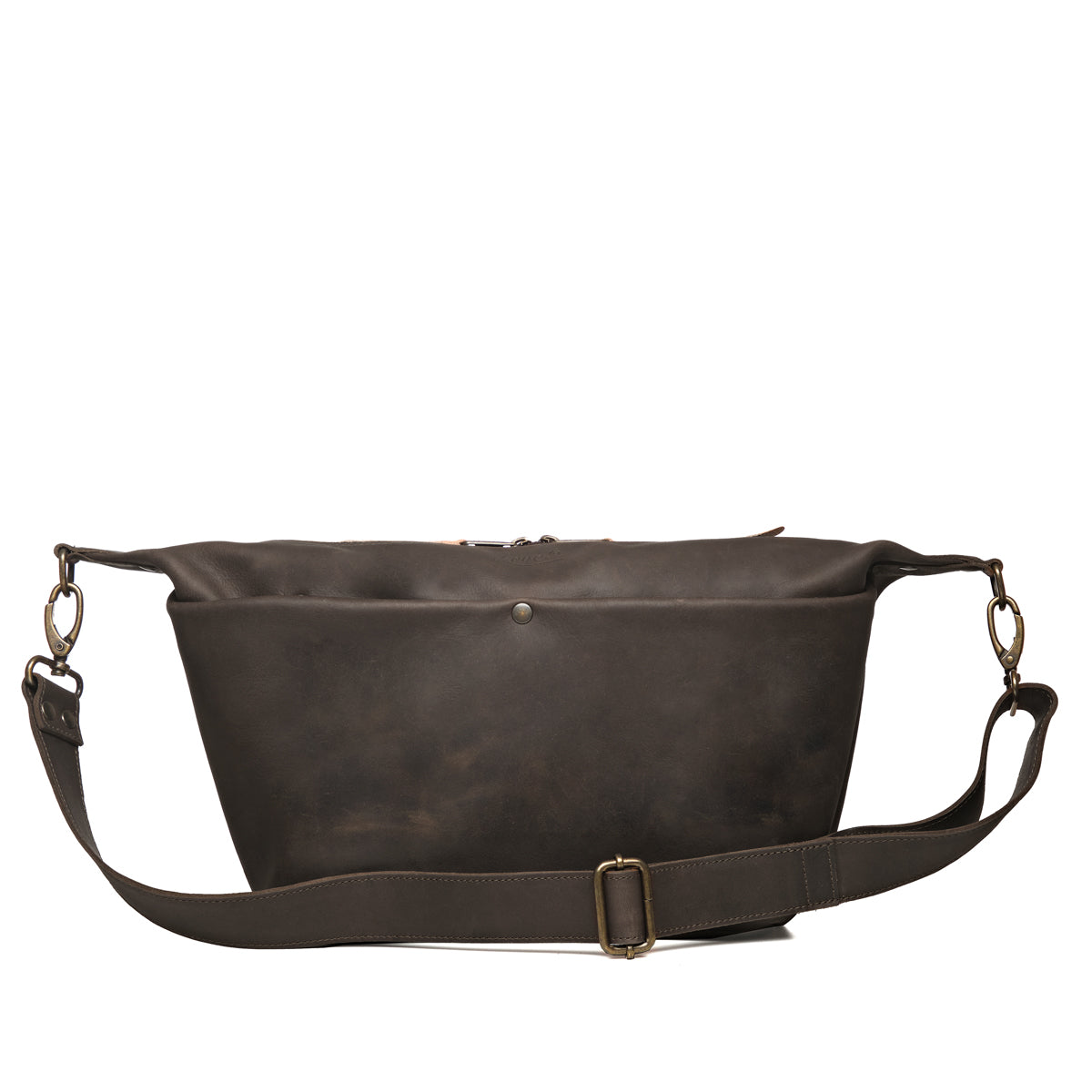 London Sling Large in Black, front view with snap pocket and buckled adjustable strap
