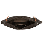 London Sling Large in Black, top view unzipped showing the empty interior and slip pocket