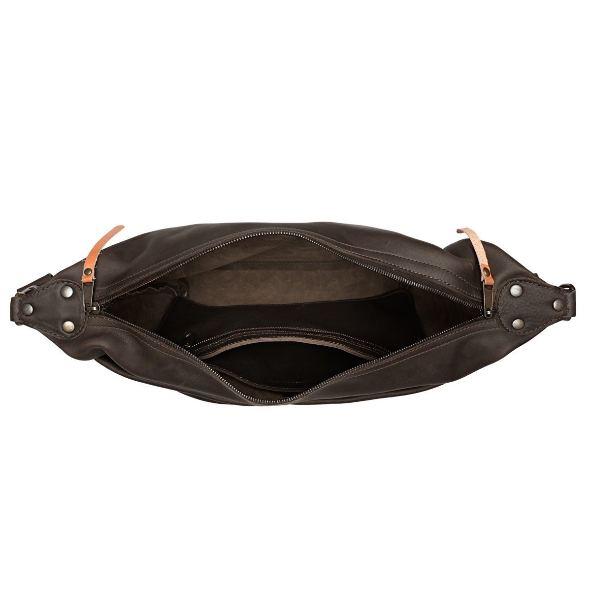 London Sling Large in Black, top view unzipped showing the empty interior and slip pocket