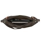 London Sling Large in Black, top view unzipped with a tablet, notebook and phone inside