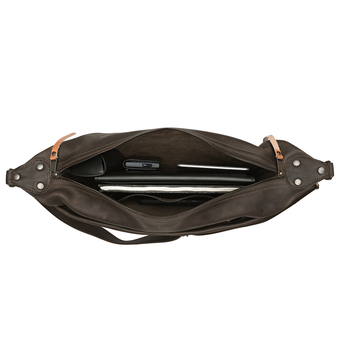 London Sling Large in Black, top view unzipped with a tablet, notebook and phone inside