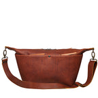 London Sling Large in Chestnut, front view with snap pocket and adjustable strap