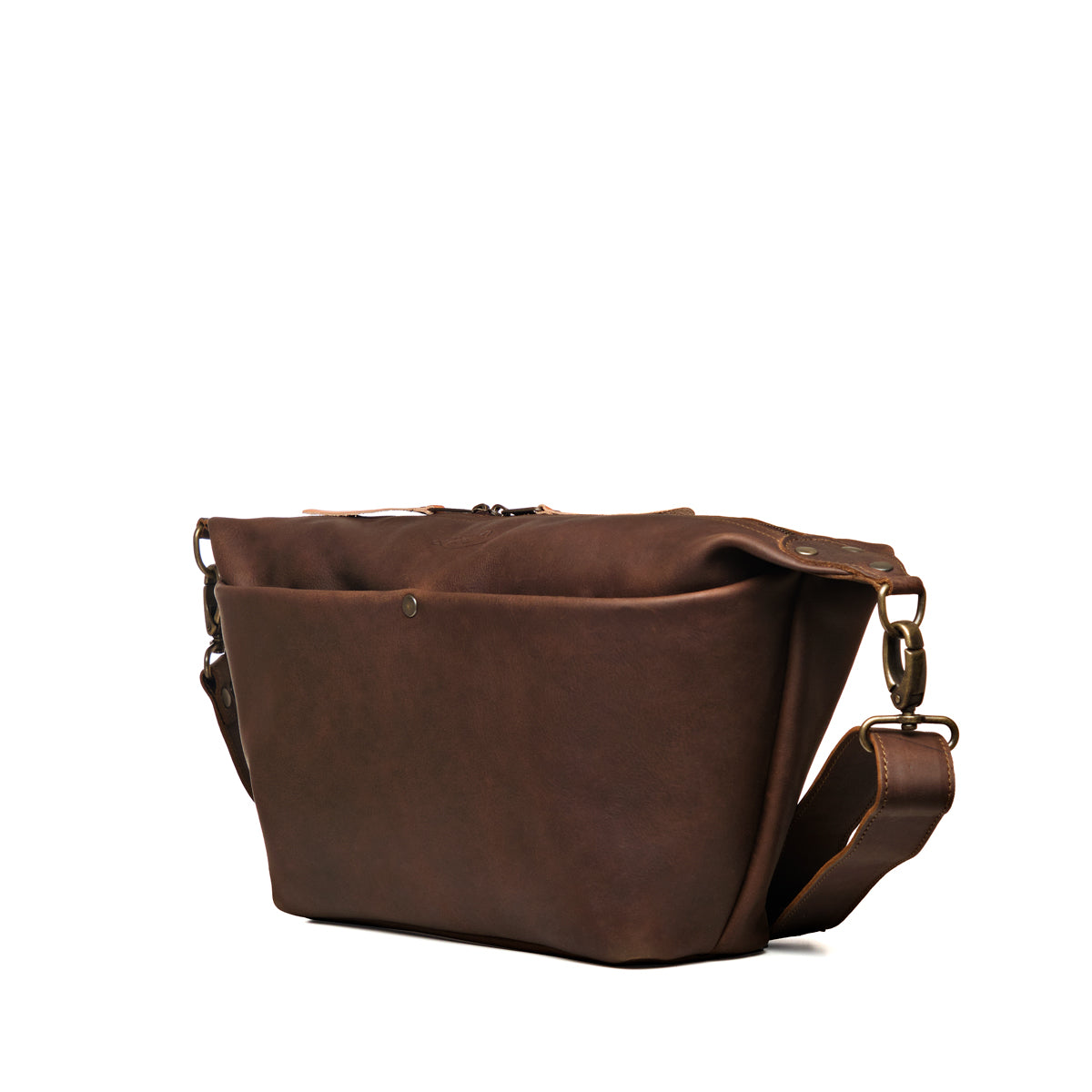 London Sling Large in Dark Coffee Brown, angled side view showing the front pocket and strap clip