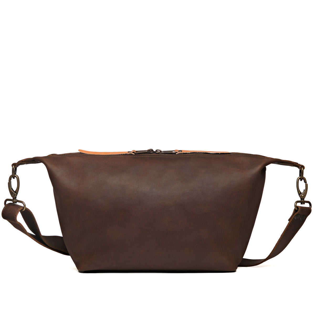 London Sling Large in Dark Coffee Brown, back view with smooth panel and adjustable strap