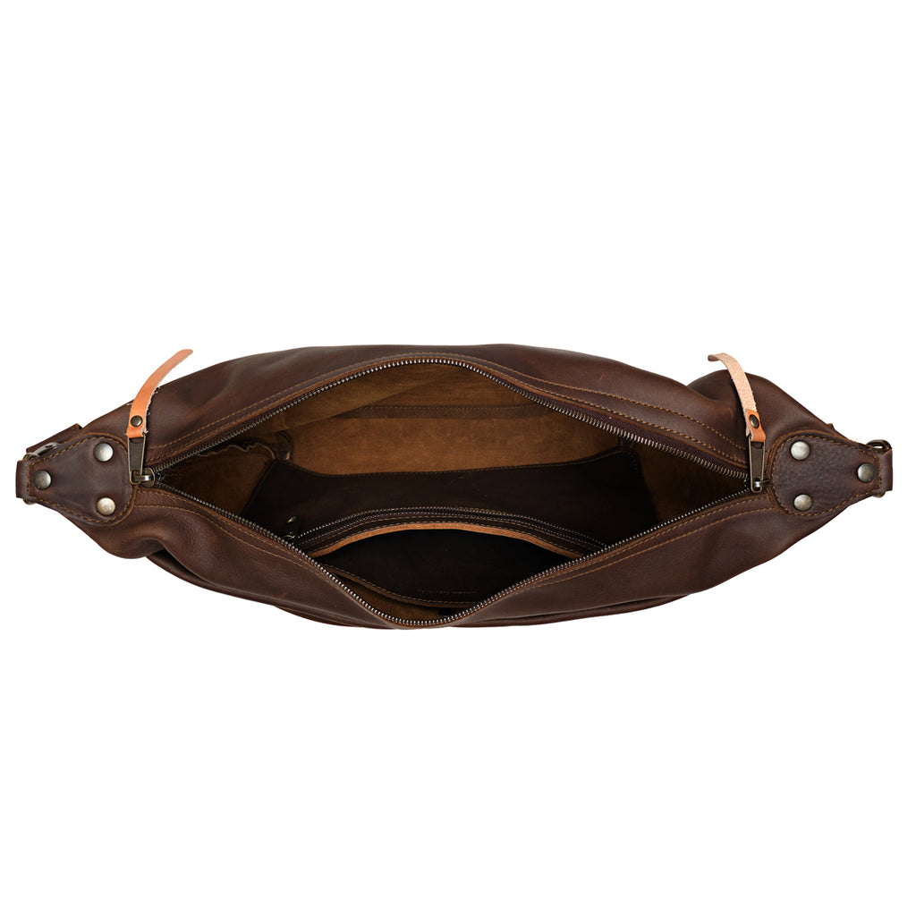 London Sling Large in Dark Coffee Brown, top view unzipped showing the empty interior and slip pocket