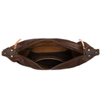 London Sling Large in Dark Coffee Brown, top view unzipped showing the empty interior and slip pocket