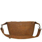 London Sling Large in Tobacco, front view with snap pocket and buckled adjustable strap