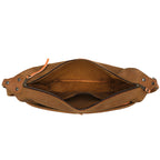 London Sling Large in Tobacco, top view unzipped showing the empty interior and slip pocket