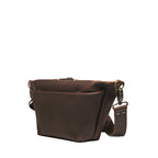 London Sling Small in Dark Coffee Brown, angled side view showing the front pocket and strap clip