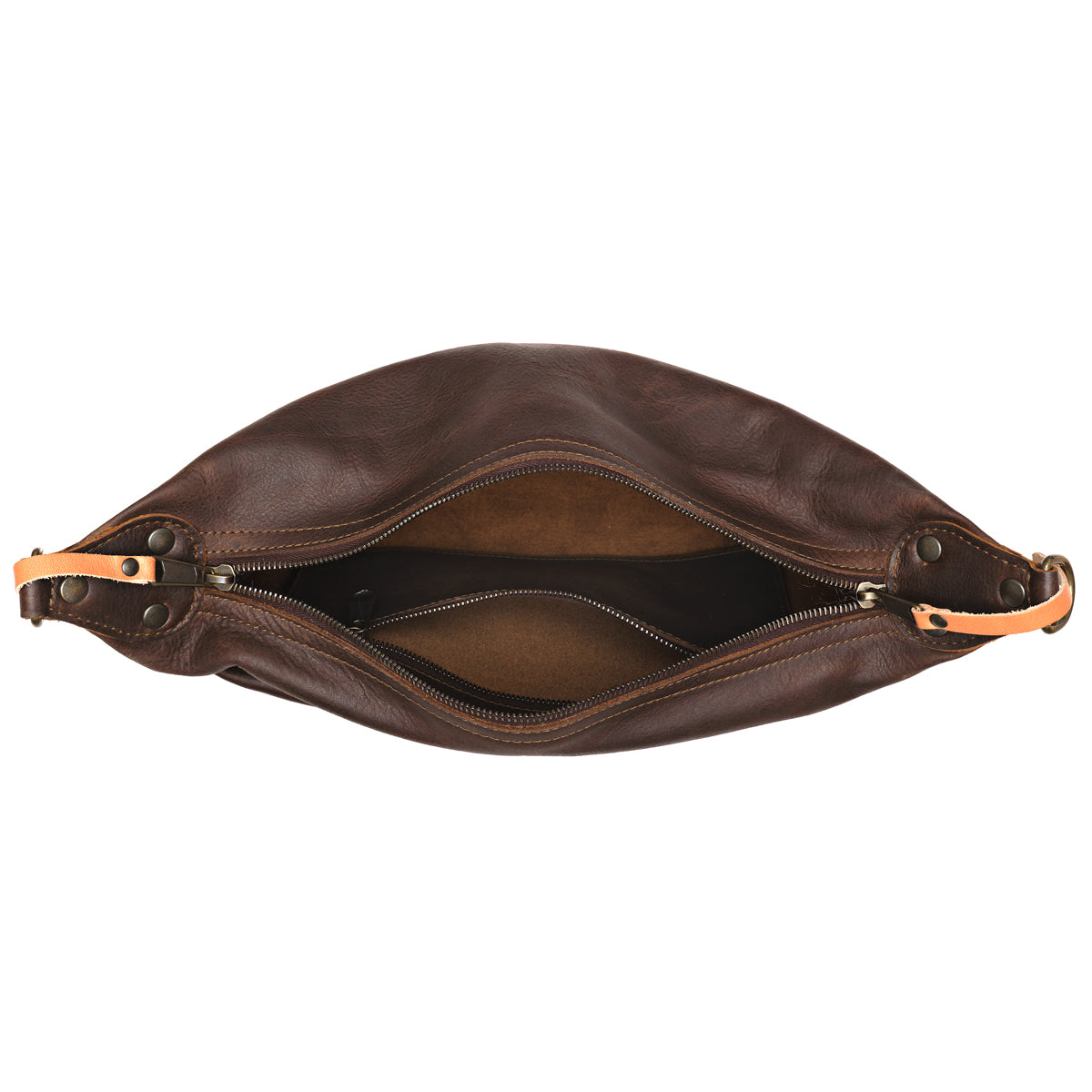 London Sling Small in Dark Coffee Brown, top view unzipped showing the empty interior