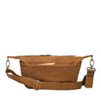London Sling Small in Tobacco, front view with snap pocket and full-length buckled strap
