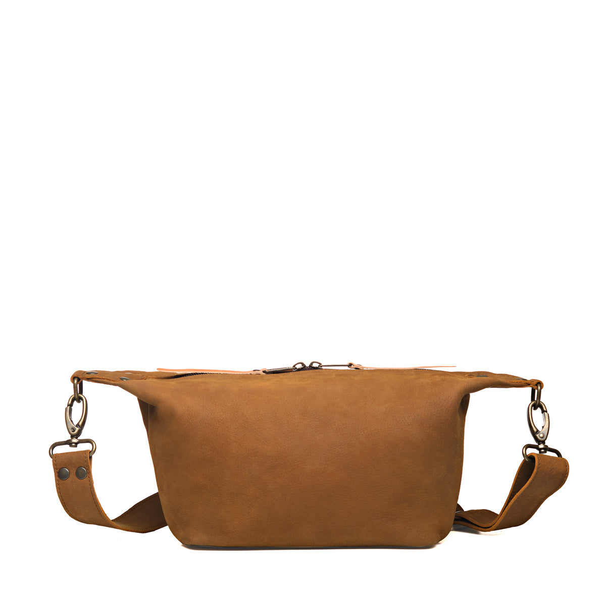 London Sling Small in Tobacco, back view with smooth panel and adjustable strap
