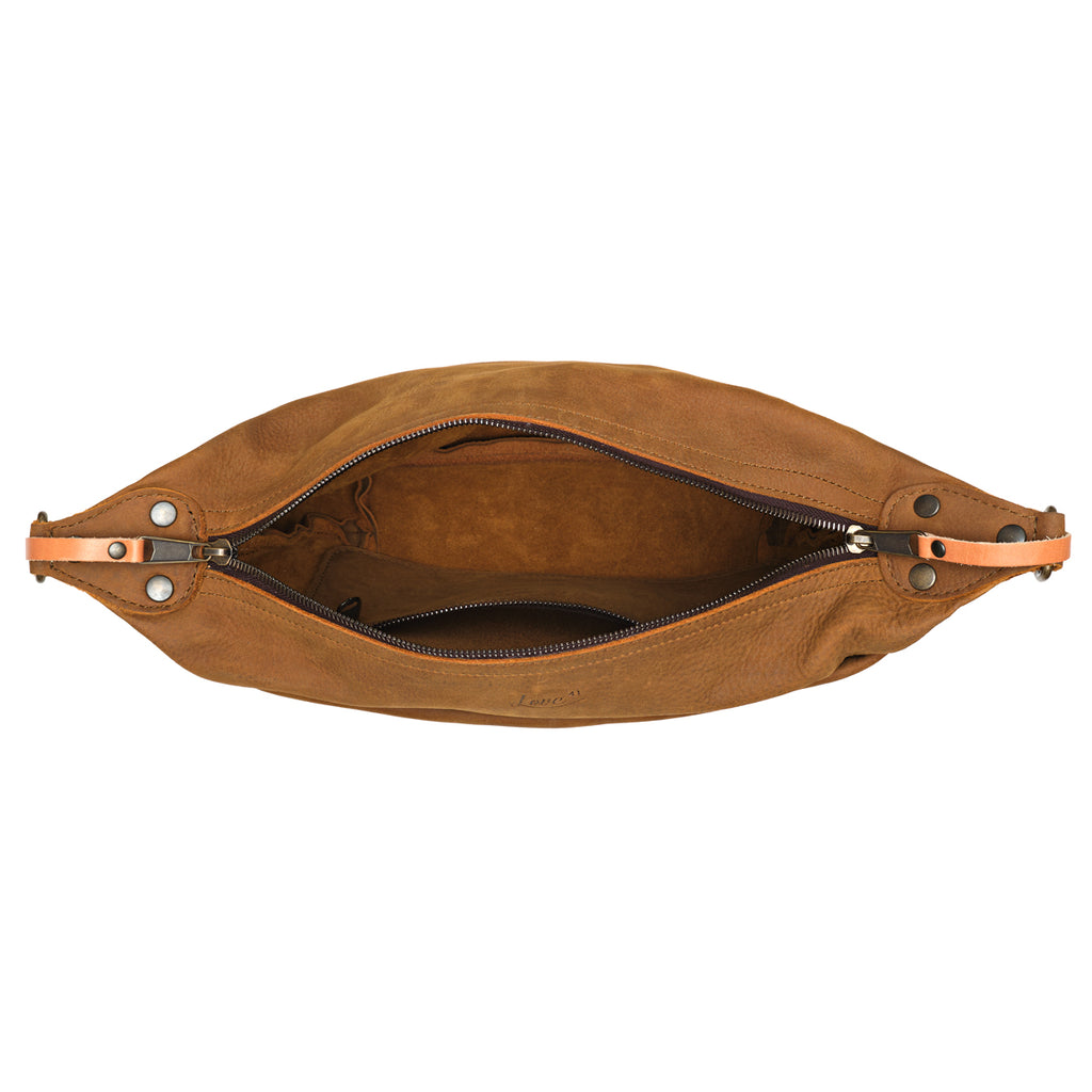 London Sling Small in Tobacco, top view unzipped showing the empty interior