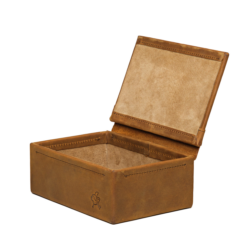 Small Organizer Box in Tobacco, lid open showing tan suede-lined interior, angled side view