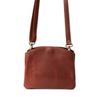 Leather Organizer Crossbody in Chestnut, front view with embossed logo and adjustable strap