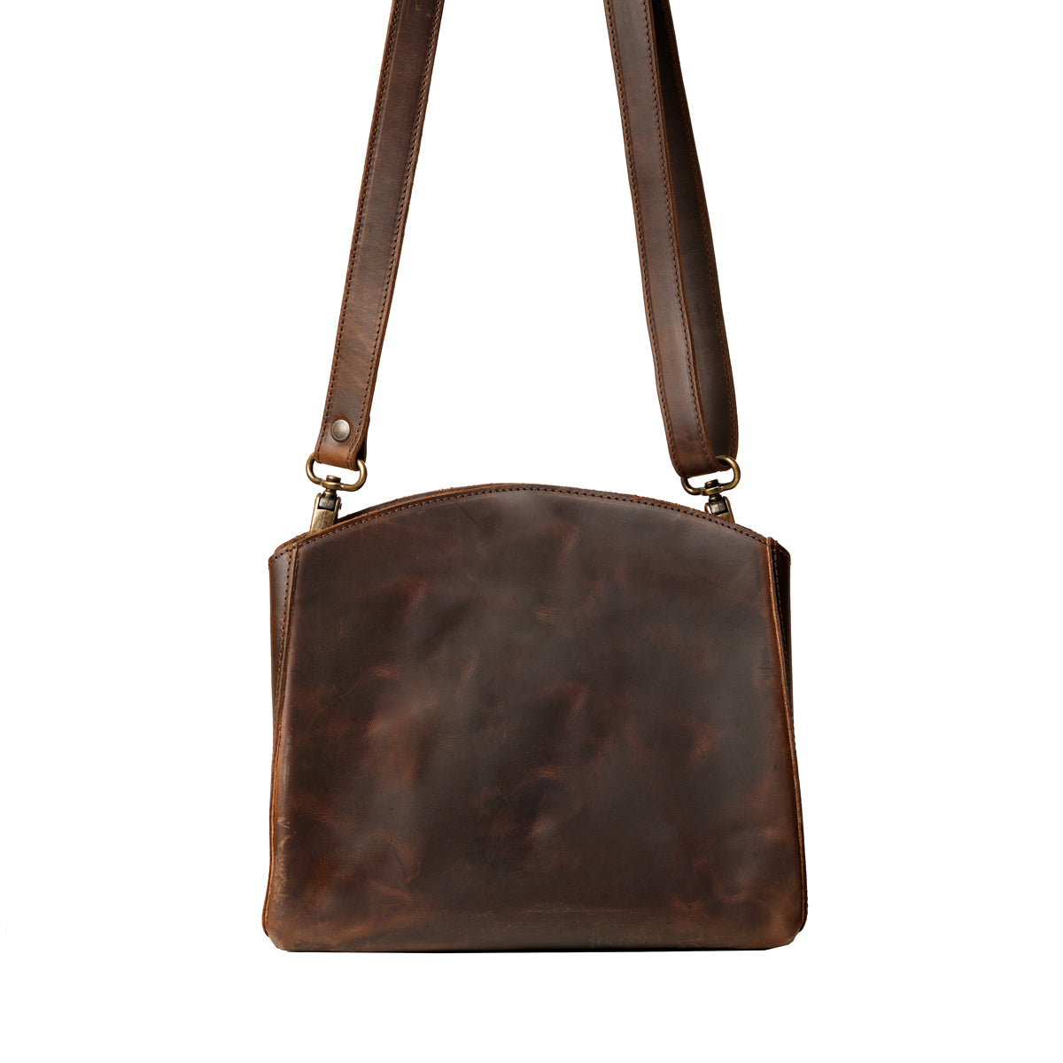 Leather Organizer Crossbody in Dark Coffee Brown, back view with adjustable strap