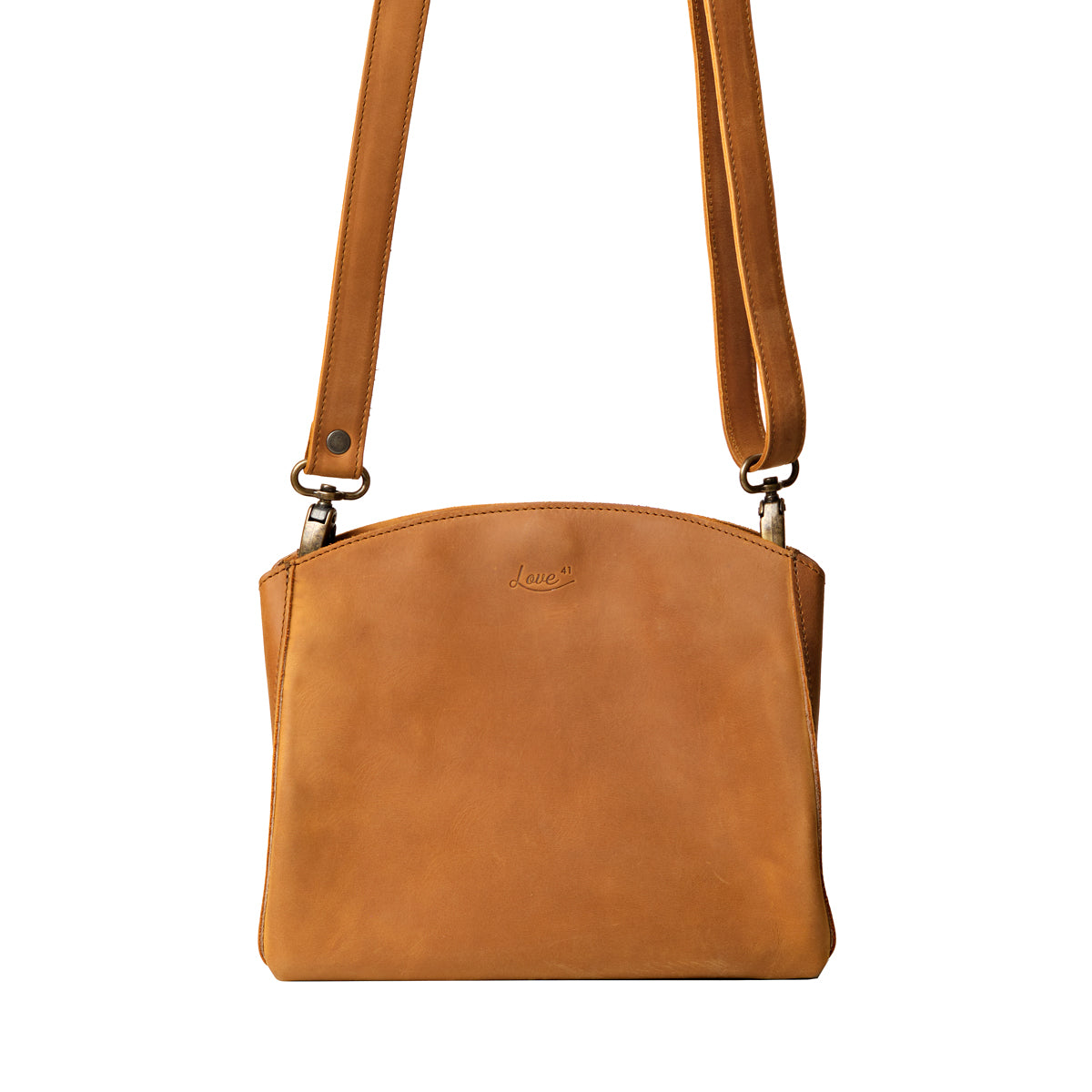 Leather Organizer Crossbody in Tobacco, front view with embossed logo and adjustable strap