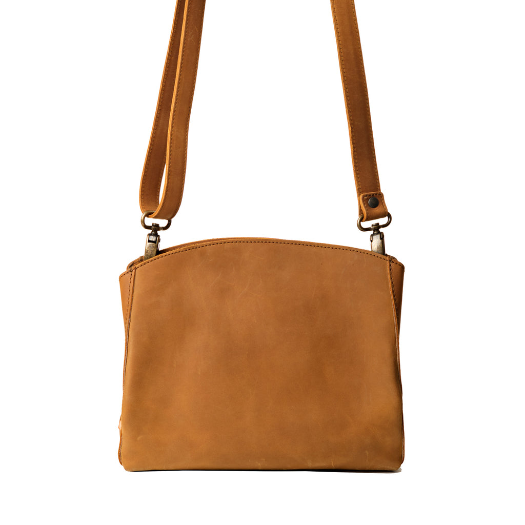 Leather Organizer Crossbody in Tobacco, back view with adjustable strap