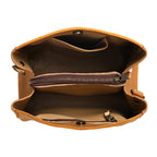Leather Organizer Crossbody in Tobacco, top-down view of the open interior with zippered divider pocket