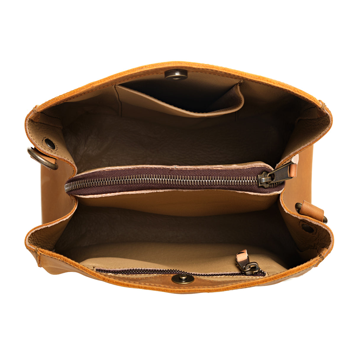 Leather Organizer Crossbody in Tobacco, top-down view of the open interior with zippered divider pocket