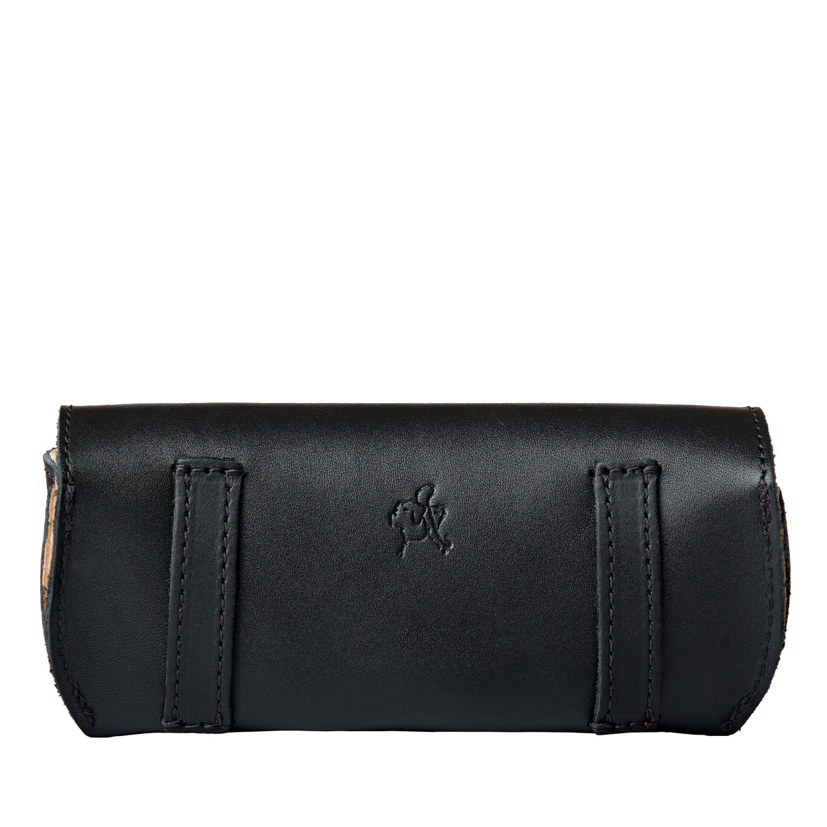 Leather Sunglass Case in Black, back view with two belt loops and small embossed tortoise