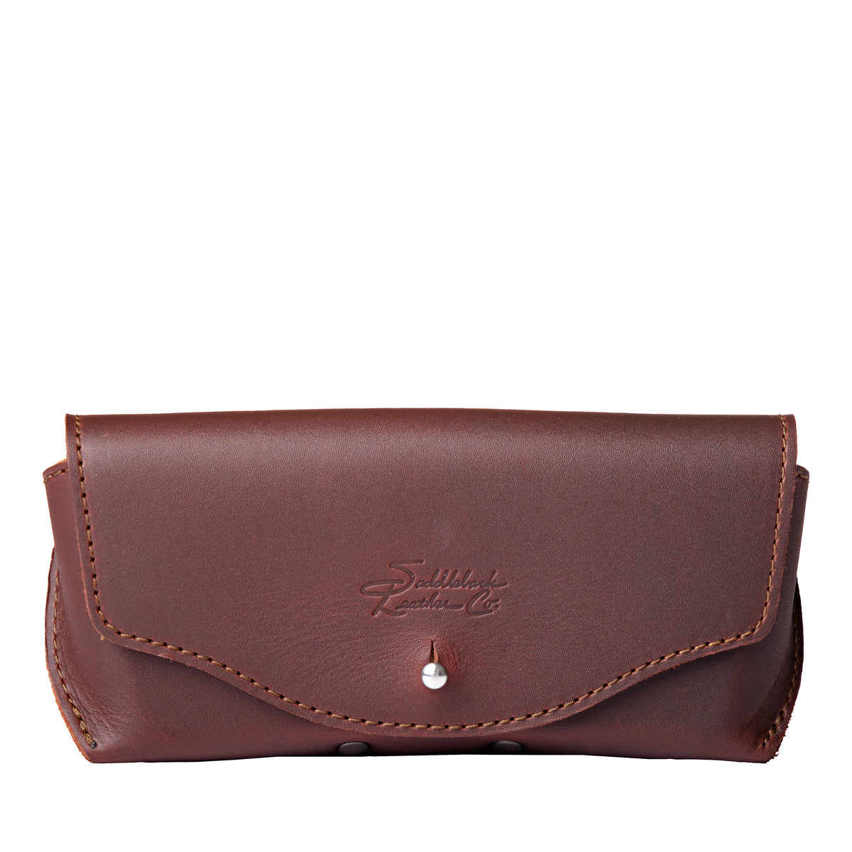 Leather Sunglass Case in Chestnut, closed front view with flap, snap closure and embossed logo