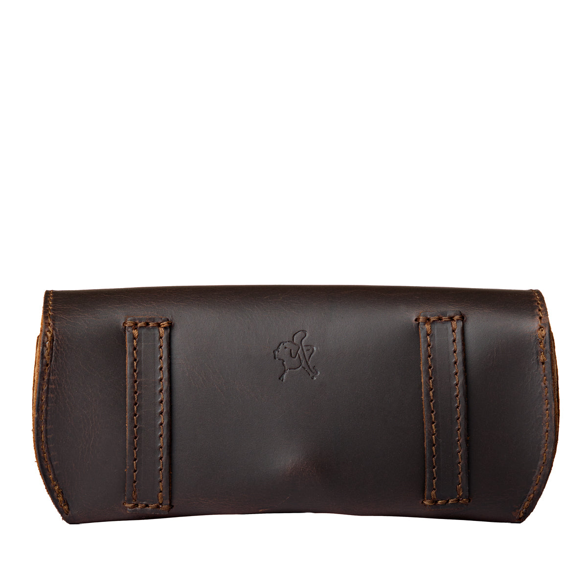 Leather Sunglass Case in Dark Coffee Brown, back view with two belt loops and small embossed tortoise